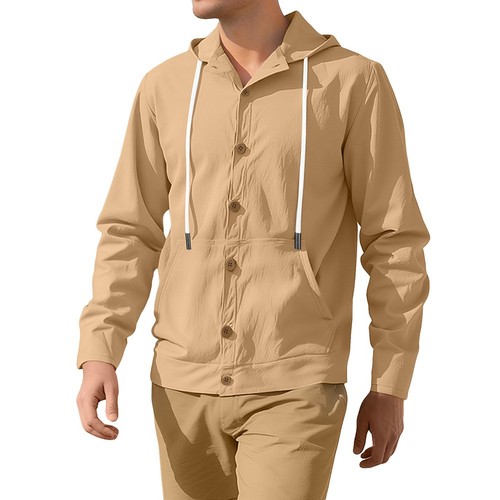 Casual Mens Linen Hooded Shirt Long Sleeve Vintage Loose Buttoned Cardigan - Picture 9 of 28