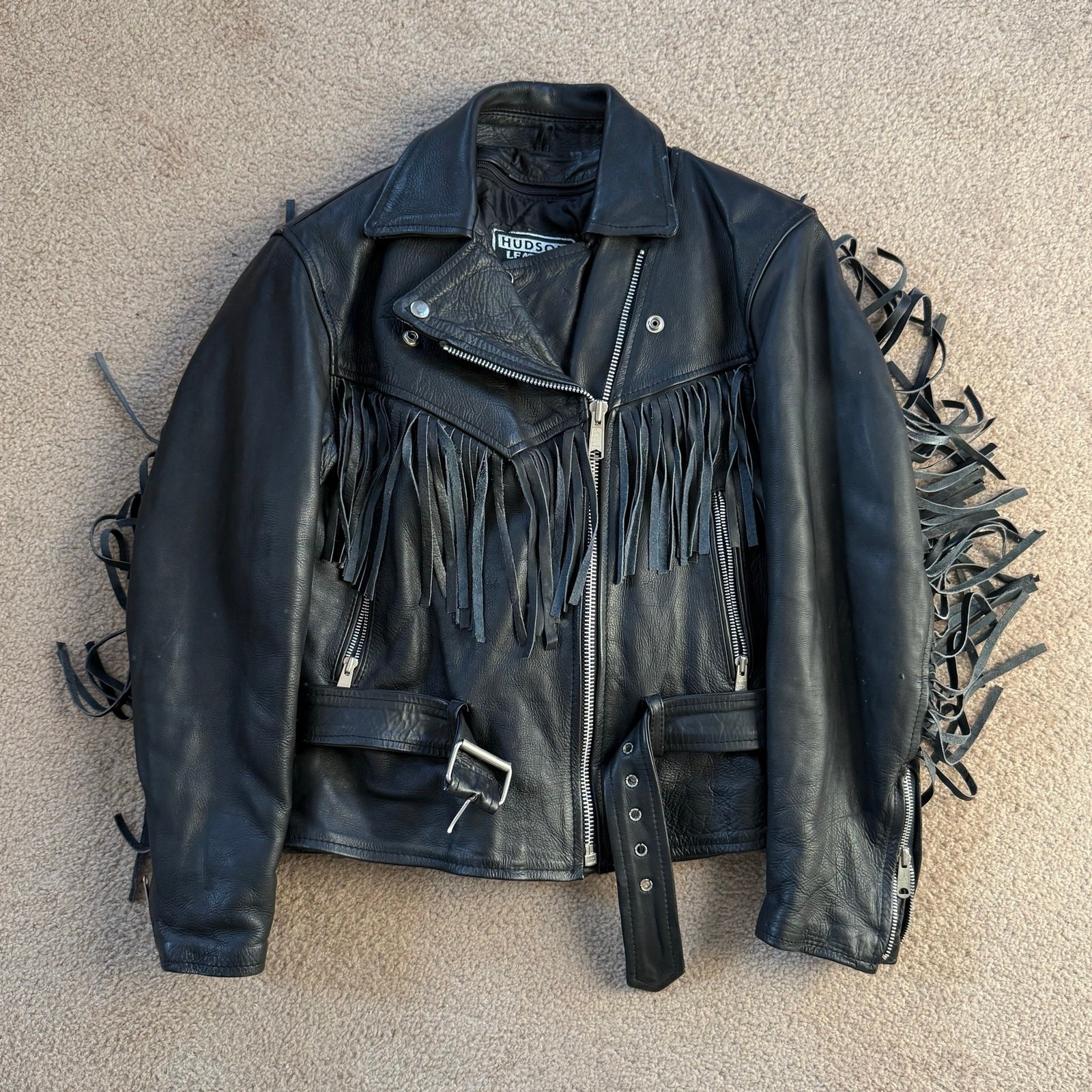 Vintage Hudson Black Leather Fringe Biker Jacket Women’s XS