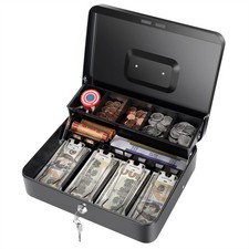 Cash Box with Money Tray and Key Lock, 11.8"x9.45"x3.54", Black key lock