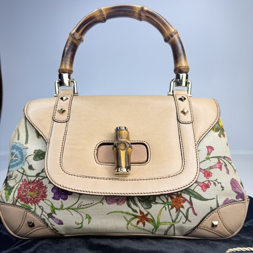 GUCCI Bamboo Flora Top Handle Bag Camel Canvas Leather Auth 