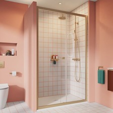 BRAND NEW - CROSSWATER Sliding Shower Door in Brushed Brass - 1400mm (Clear 6)