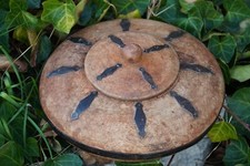Vintage African Hand Carved Wood w/ Metal Details 11"d  Round Box W/ Lid