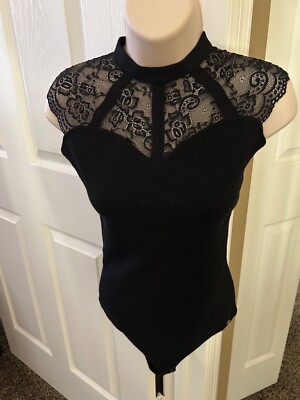 KOUCLA black lace cap sleeve bodysuit size PS NWT
