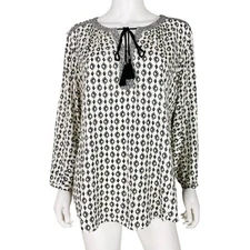 DR2 Daniel Rainn XL Peasant Blouse Top 3/4 Sleeve White Black Geometric Shirt
