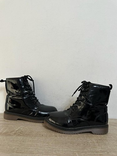 SPOT ON LADIES BLACK PATENT LEATHER LACE UP ANKLE BOOTS SHOES UK 2 EUR 34 BT231 - Picture 6 of 8