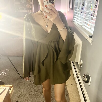 showpo deep v olive green bell sleeves dress | eBay
