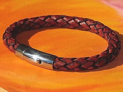 Chunky Red braided leather and stainless steel skull bracelet by Lyme Bay Art