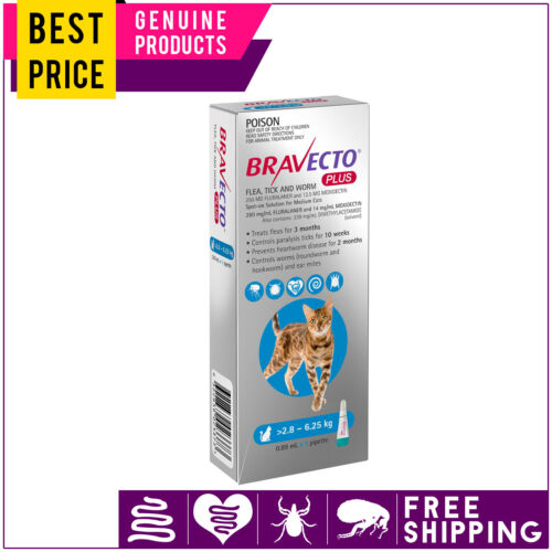 BRAVECTO PLUS for Cats 1,2 Dose BLUE 2.8 to 6.25 Kg Flea Heartworm Worm Control - Picture 3 of 4