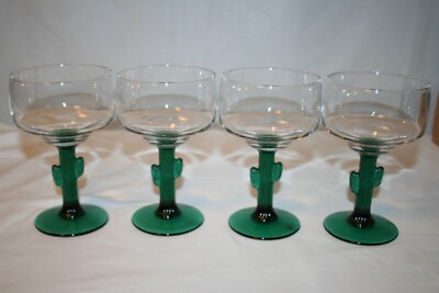 4 Green & Clear Cactus Stem Wine/Margarita Glasses Libbey 