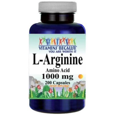 L-Arginine 1000mg 200 Capsules Free Form by Vitamins Because USA Highest Form