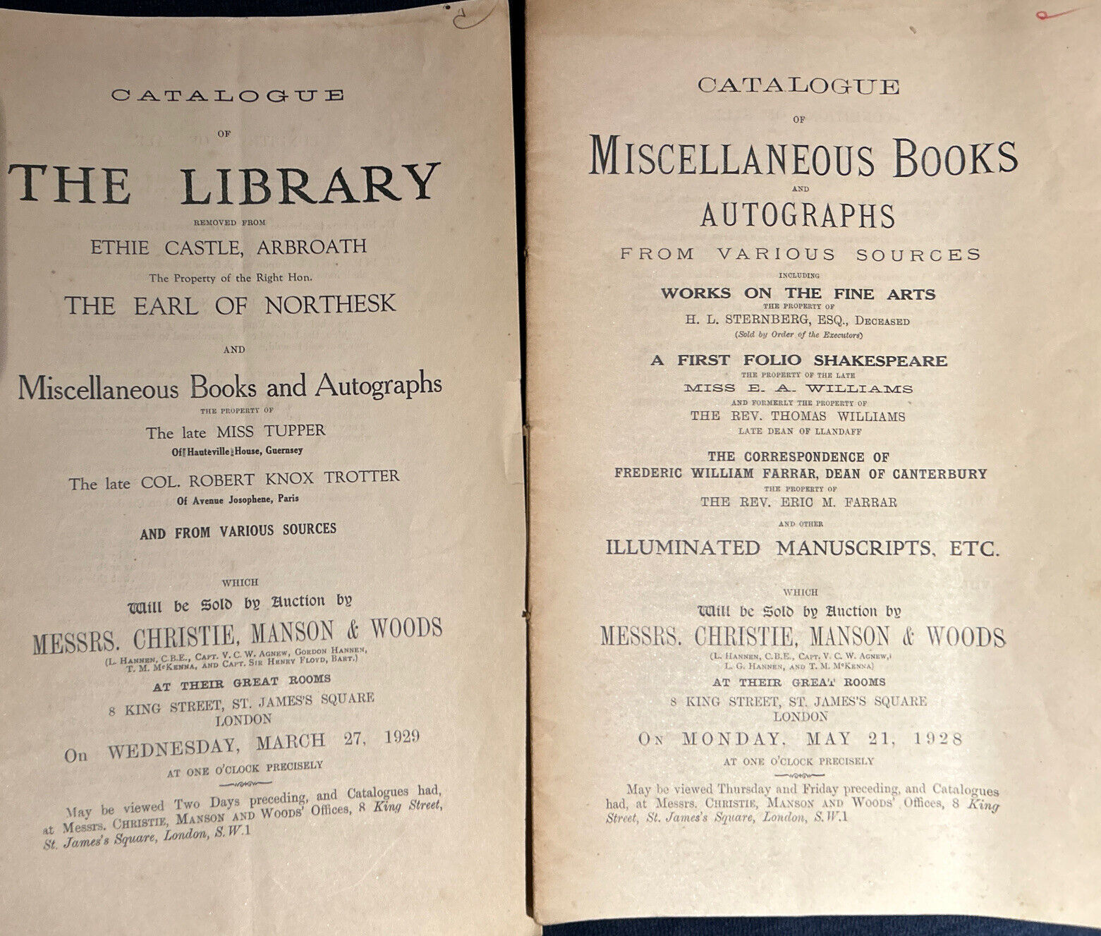 Antique Christie, Manson and Woods Auction Catalog- Lot of 6 from 1930-39