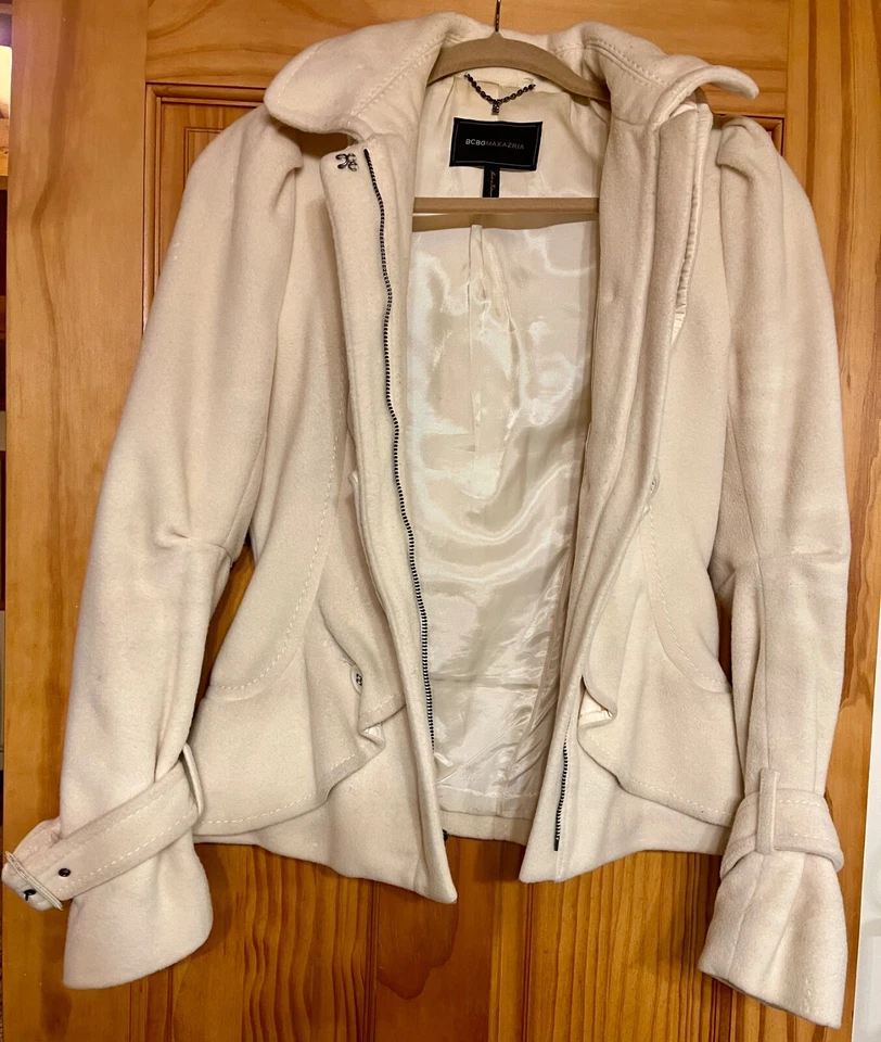 BCBG Maxazria Chaqueta Flutter Peplum Crema Informal Invierno Abrigo de Lana Talla XS Mujer Foto 3 de 4
