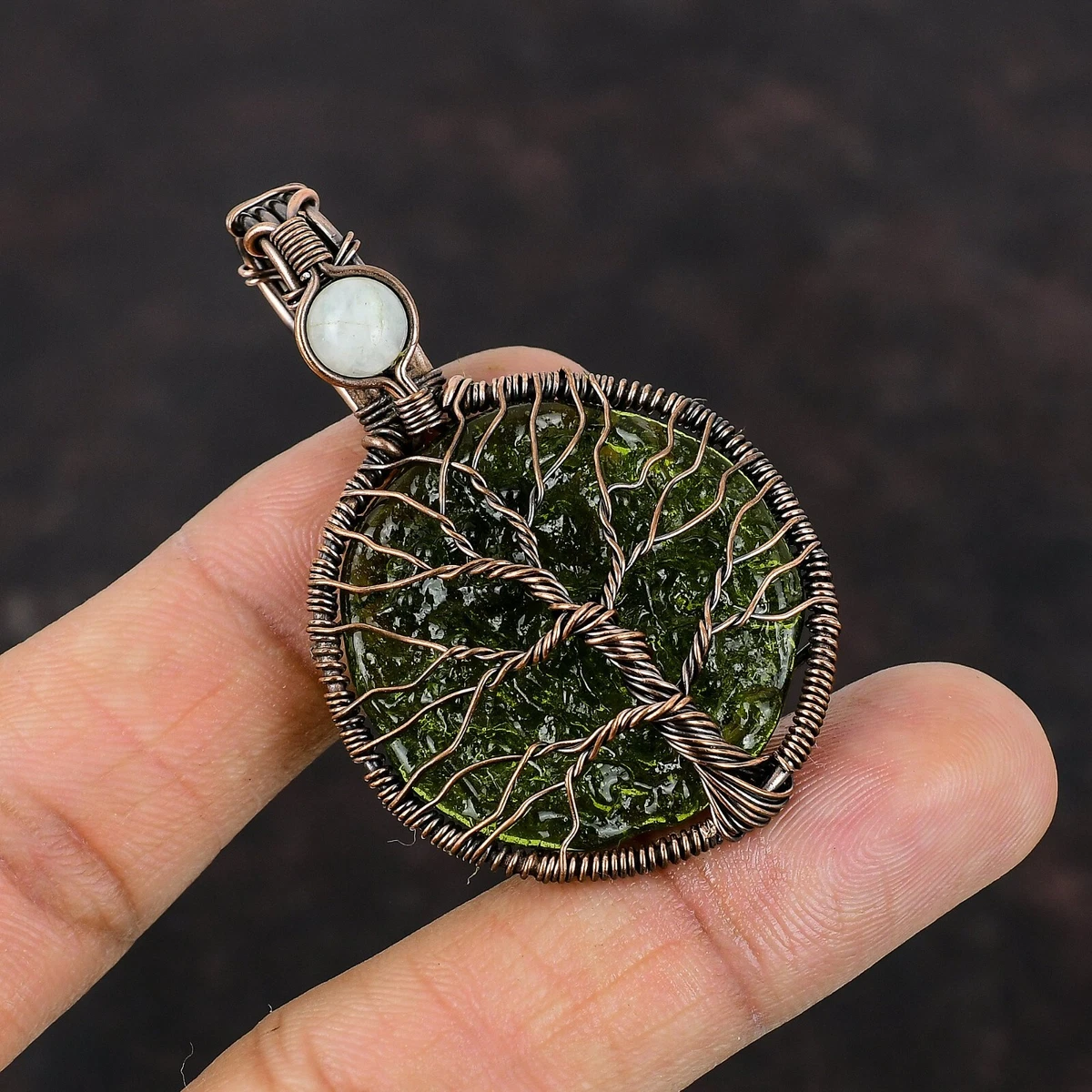 Moldavite Wire Wrapped Tree Of Life Pendant Handcrafted Copper Partywear 2.32