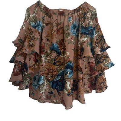 Romantic Wms Sz S Relaxed Floral Tiered Ruffle Off The Shoulder Boho FairycoreT2