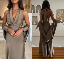 Sexy Gray Evening Dress V-neck Ruffle Ribbon Bow Backless Satin Prom Formal Gown