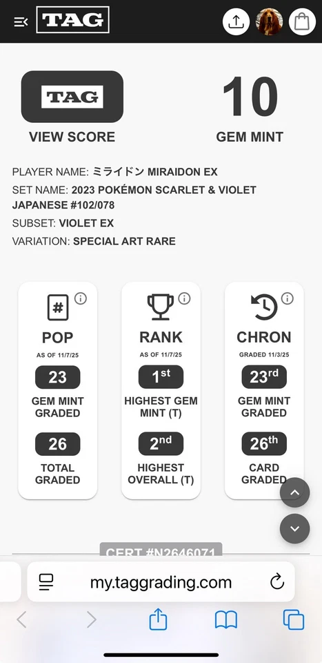 TAG 10 - 2023 Pokemon Japanese Violet EX Miraidon ex #102/078 SAR Card - PSA CGC - Image 3 of 4