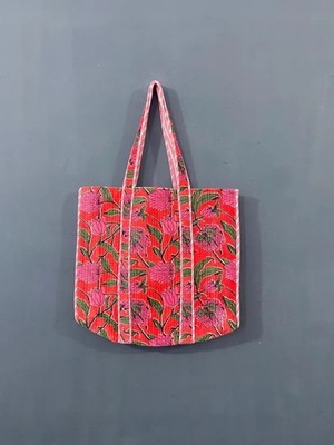 Indian Pink Floral Quilted Shoulder Bags Women's Beach Cotton Tote Handbags US