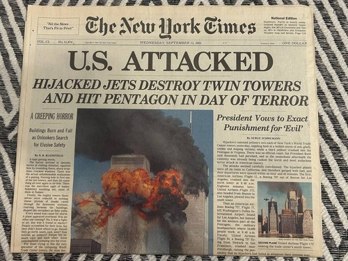 New York Times Sept 12 2001 9/11 Attacks Front Page Original Newspaper