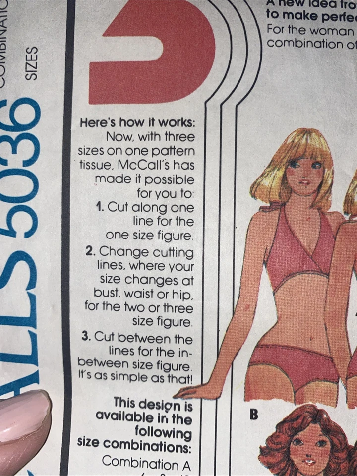De Colección Años 70 McCall 5036 Trajes de Baño Traje de Baño Bikini Costura Patrón 12-16 Corte Foto 3 de 4