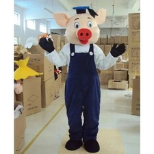 Jumpsuit Pig Mascot Costume, Cartoon Character Outfit for Halloween Party Events