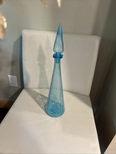 Vintage MCM Empoli Paneled Blue Genie Bottle Decanter With Stopper 19"