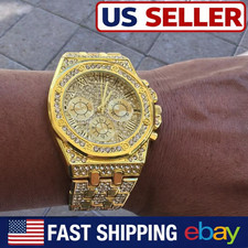 Luxury Gold Plated Triple Dial Quartz Watch with Rhinestones for Men