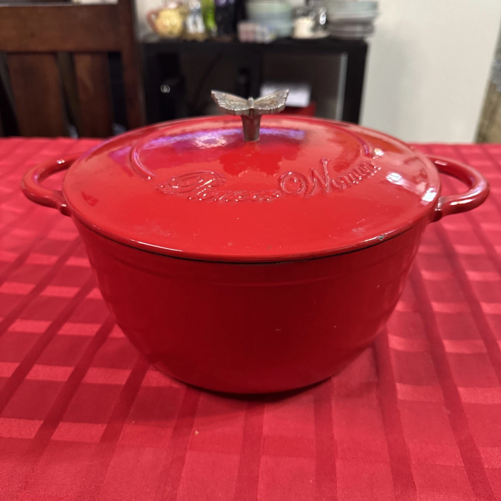 Pioneer Woman Round Red Enamel Covered Cast Iron Dutch Oven With Butterfly Knob