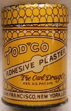 ANTIQUE ADHESIVE PLASTER TIN THE OWL DRUG CO TOD'CO EMPTY RARE SAN FRANCISCO CA