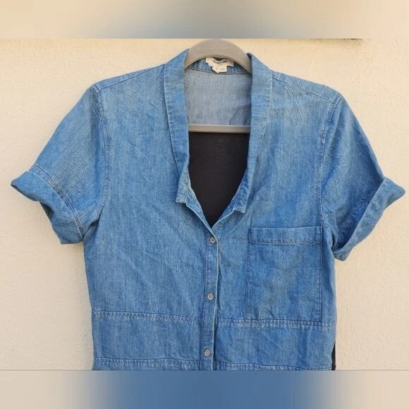 Helmut Lang Denim Chambray Contrast High Low Button Up Blouse - Image 4 of 4