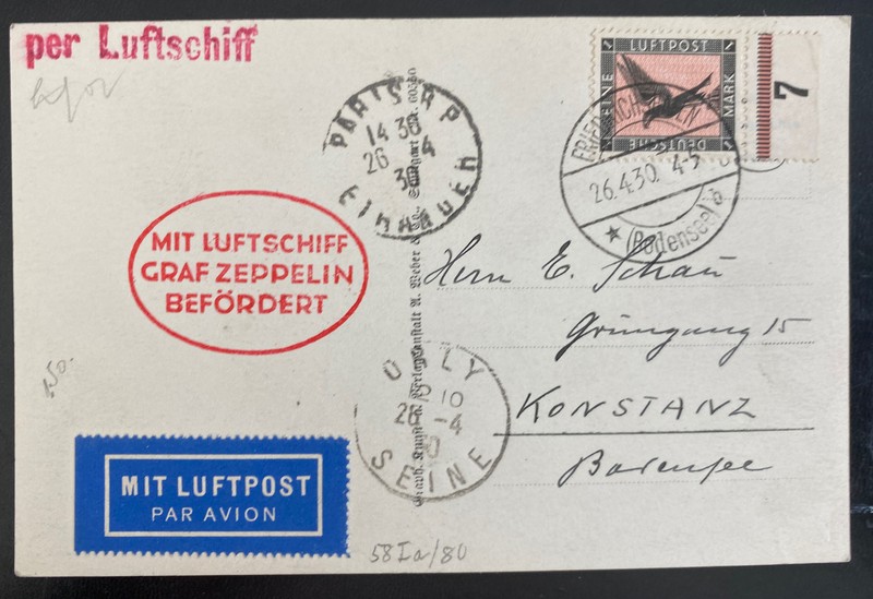 1930 Germany Graf Zeppelin LZ127 Flight RPPC Postcard Cover to Konstanz