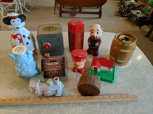 HUGE LOT OF VINTAGE COIN BANKS PIGGY MICKEY MOUSE TRAIN CUSS BOX SAFE BARREL - Picture 2 of 12