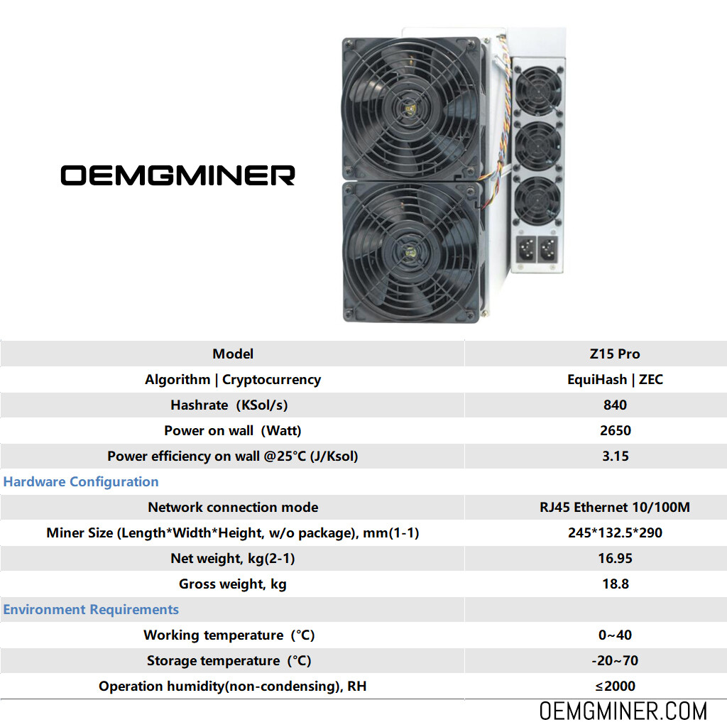 New Bitmain Antminer Z15 Pro ASIC Mining 840ksol/s Hashrate 2560W