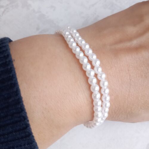Set of 2 FAUX PEARL Beaded Bridal bracelets StretchSkinny Thin 4mm wide Elegant - Picture 4 of 9