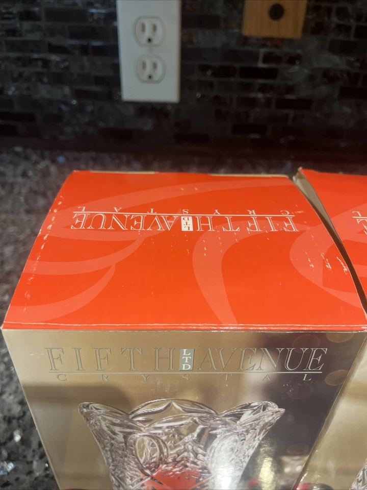 Lot of 2 Fifth Avenue Portico 7.5in Crystal Hurricane Candle Vase Ribbon & Tree - Image 2 of 4