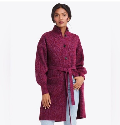 Draper James Marled Cardigan Sweater Womens M Burgundy Belted Button Up Cozy New