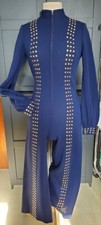 Vintage 1970s Long Sleeve Navy Belted Jumpsuit with Studs