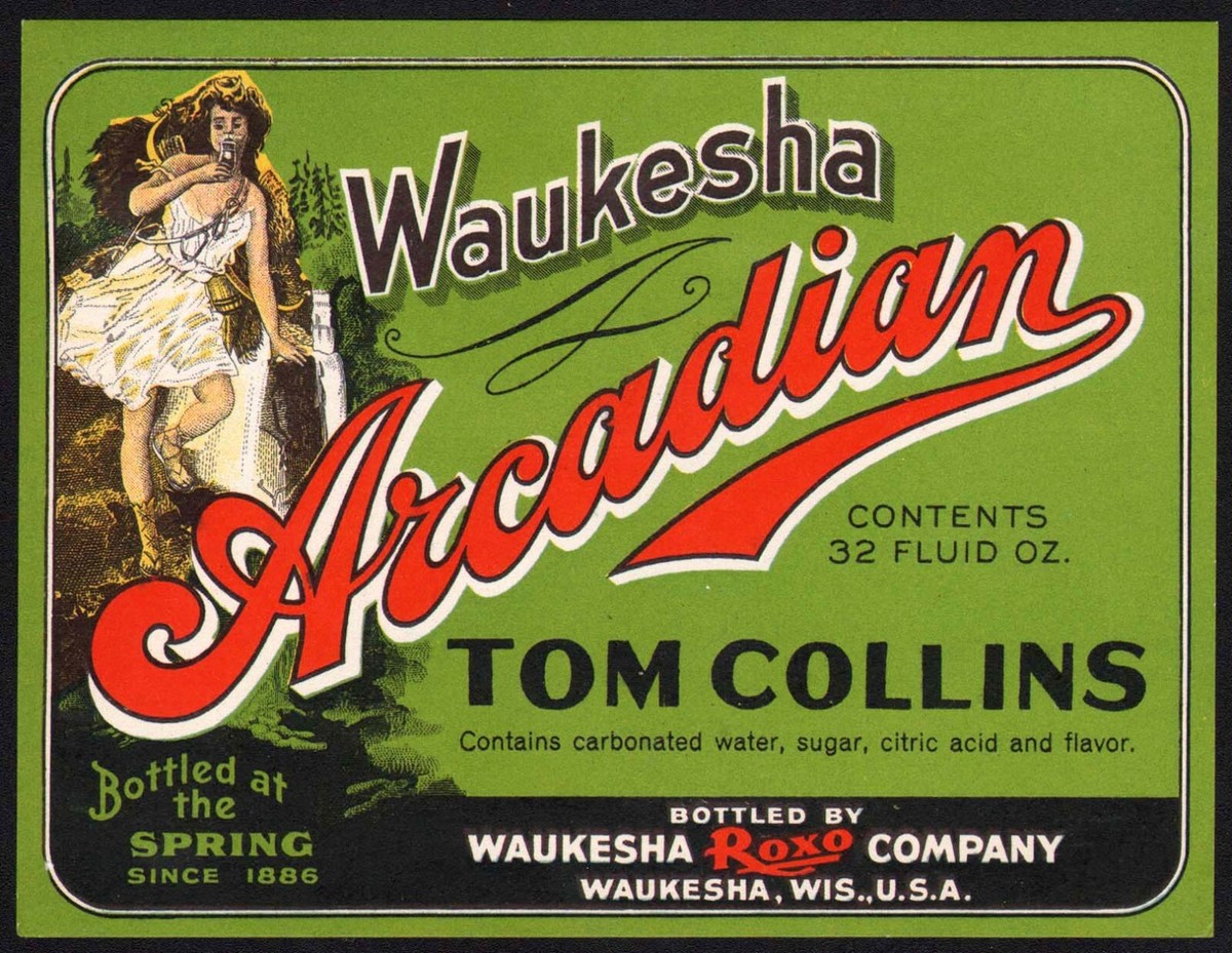 Vintage soda pop bottle label WAUKESHA ARCADIAN TOM COLLINS