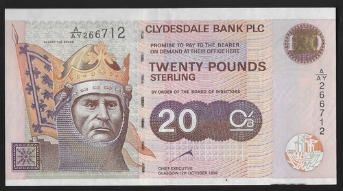 Banconota da 20 sterline 1999 Clydesdale Bank Robert Bruce Wright - A/AY 266712 P226b - Foto 1 di 2