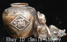 Statua vaso serbatoio generale vino ubriaco Li Bai argento antico cinese 7"