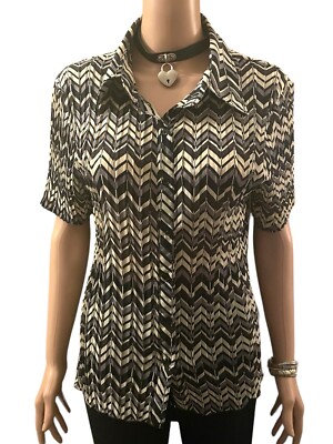 Vintage 90s Blouse Office Grunge Crinkle Stretch Pleats Grey Black Size L