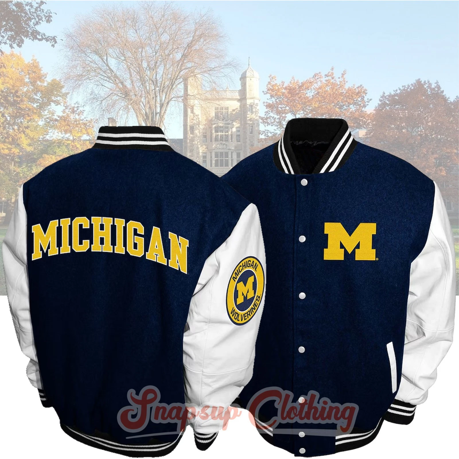 Michigan Wolverines Blue White Wool Leather Graduate Full-Snap Varsity Jacket