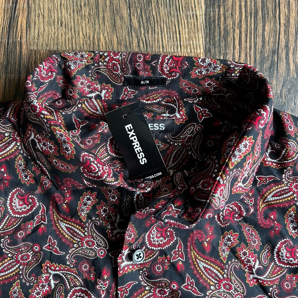 Express Slim Fit Men’s Dress Shirt Paisley Red Black Size M 15–15.5 NWT - Image 4 of 4