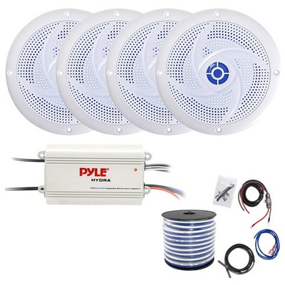 Pyle Marine 4-Channel Bluetooth Amplifier w/Kit, 4x 6.5'' 240W LED Speakers, Wire