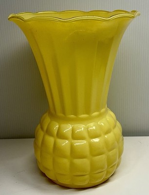 Vintage Anchor Hocking Fire King Bright Yellow Vase Pineapple Bubble Glass 9 