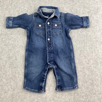 Gap Denim Coverall Boys 0-3 Months Blue Jean Collared Snap Crotch Romper Pockets