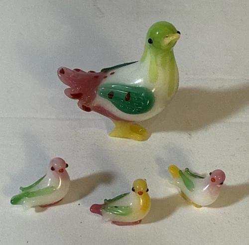 Vintage miniature Hand Blown Lampwork Glass Bird Duck Family MCM Murano Style