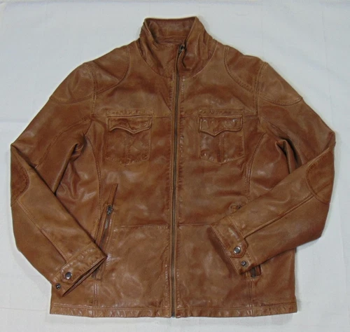 CARBON 2 COBALT Zamora Lambskin Leather Biker Cafe Chore Jacket L Tobacco Brown - product listing photo