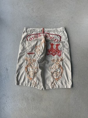 Vintage Y2K Minus Two Crazy Stitched Baggy Cream Ed Hardy Jeans Shorts Size 38