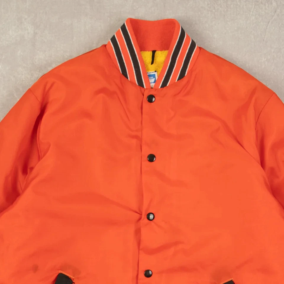 Vintage 80s Fleece Lined Varsity Bomber Jacket L Men's Orange Americana - Image 3 of 4