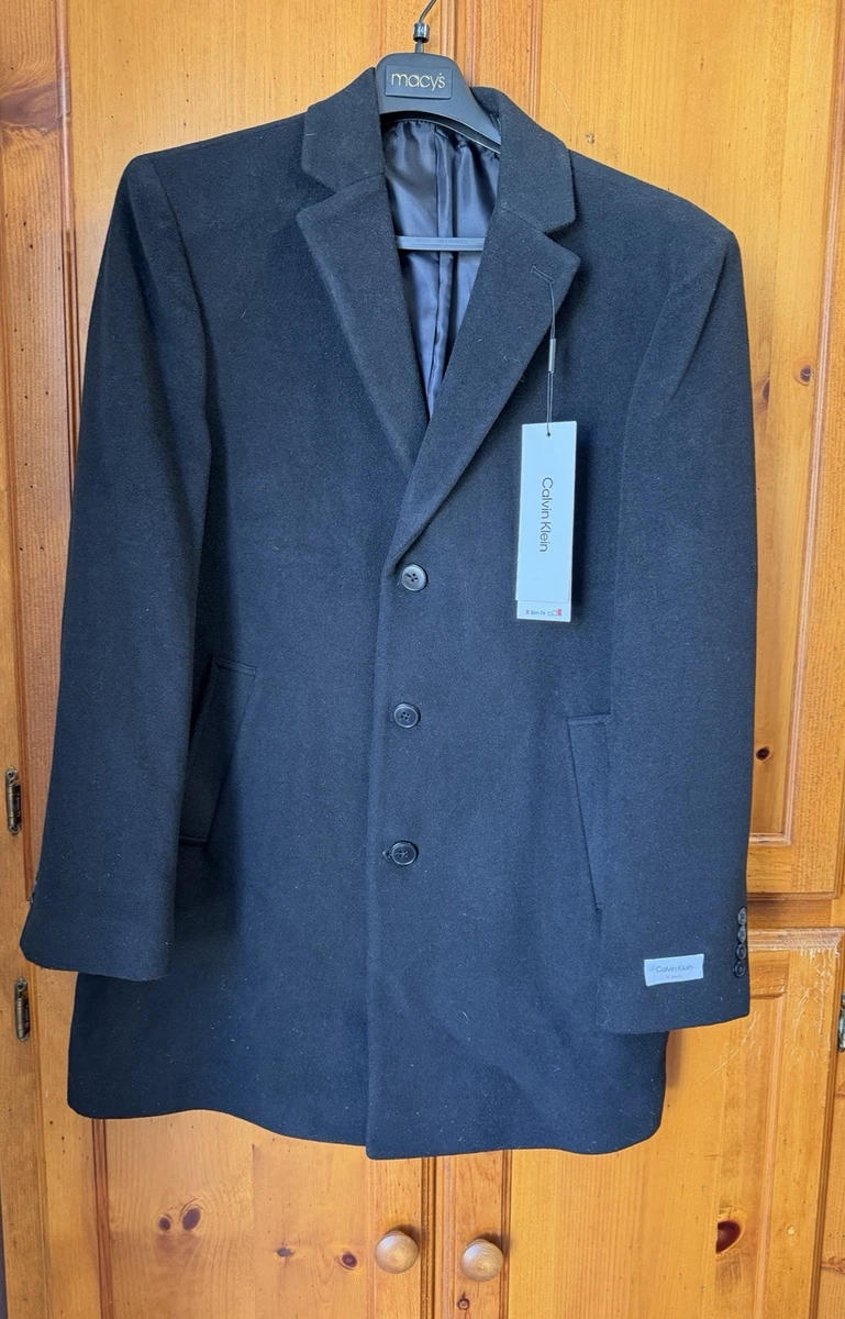 slim fit dress slacks Mens Black Slim-Fit Wool-Blend Overcoat with Notched Lapel